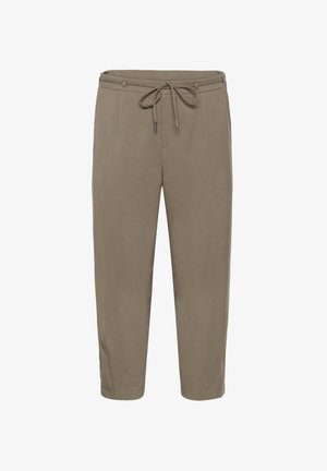 Pantalons chino d'une couleur taupe douce, dotés d'une taille à cordon, de deux poches avant et de jambes fuselées. Tissu lisse avec une finition soignée.