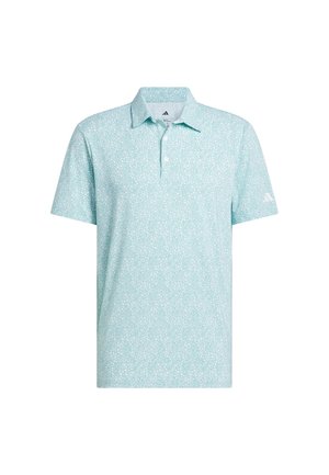 Light teal short-sleeve polo shirt with a subtle white floral pattern and a three-button placket. Features an embroidered logo on the sleeve.