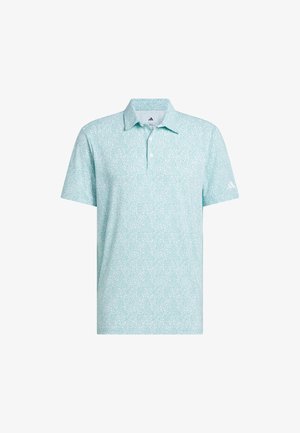 Light teal short-sleeve polo shirt with a subtle white floral pattern and a three-button placket. Features an embroidered logo on the sleeve.