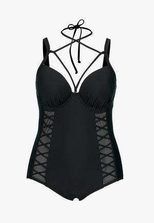 Bañador negro de una sola pieza con un diseño estructurado, que presenta paneles laterales de malla y tirantes ajustables entrecruzados en el escote.