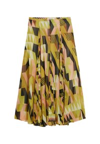 Jupe maxi en tissu transparent avec un motif géométrique dans des tons de jaune, rose et noir. Design évasé avec des plis sur les côtés.