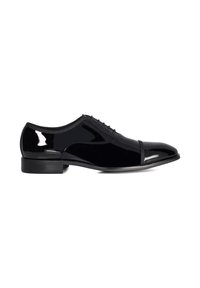 Black patent leather dress shoe with a rounded toe, six eyelets for laces, and a smooth finish. Features a low, black rubber heel.