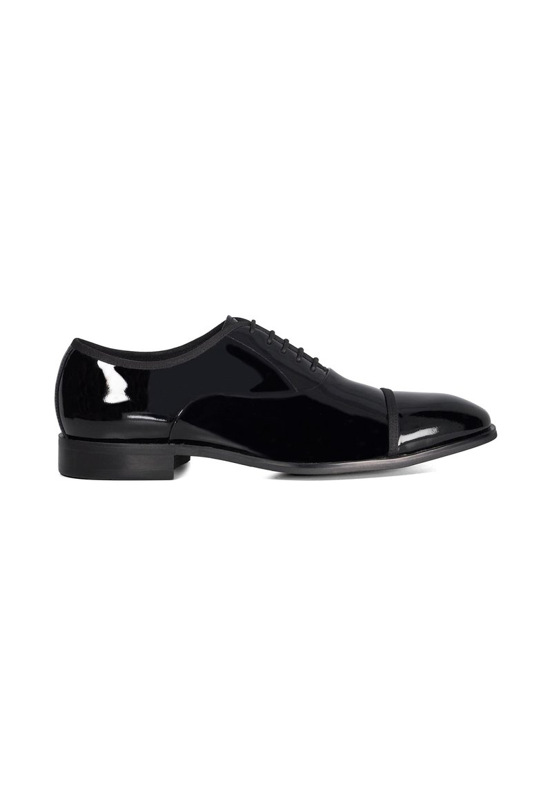 Black patent leather dress shoe with a rounded toe, six eyelets for laces, and a smooth finish. Features a low, black rubber heel.