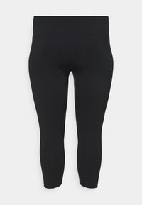 Czarne legginsy ze stretchem, do długości połowy łydki, o gładkim, dopasowanym fasonie z szerokim paskiem w talii i bez widocznego logo ani wzorów.