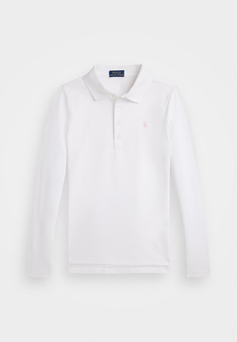 Camisa polo branca de manga longa, em material de algodão, colarinho canelado, placket com três botões, pequeno logótipo rosa no lado esquerdo do peito, acabamento limpo.