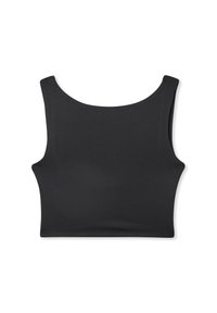 Top cropped nero con scollo rotondo, realizzato in un tessuto liscio e elasticizzato. Presenta spalline larghe e una forma aderente.