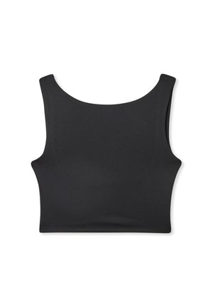 Top cropped nero con scollo rotondo, realizzato in un tessuto liscio e elasticizzato. Presenta spalline larghe e una forma aderente.