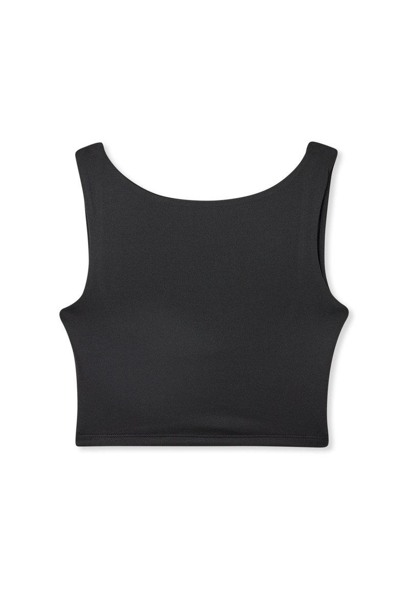 Top cropped nero con scollo rotondo, realizzato in un tessuto liscio e elasticizzato. Presenta spalline larghe e una forma aderente.