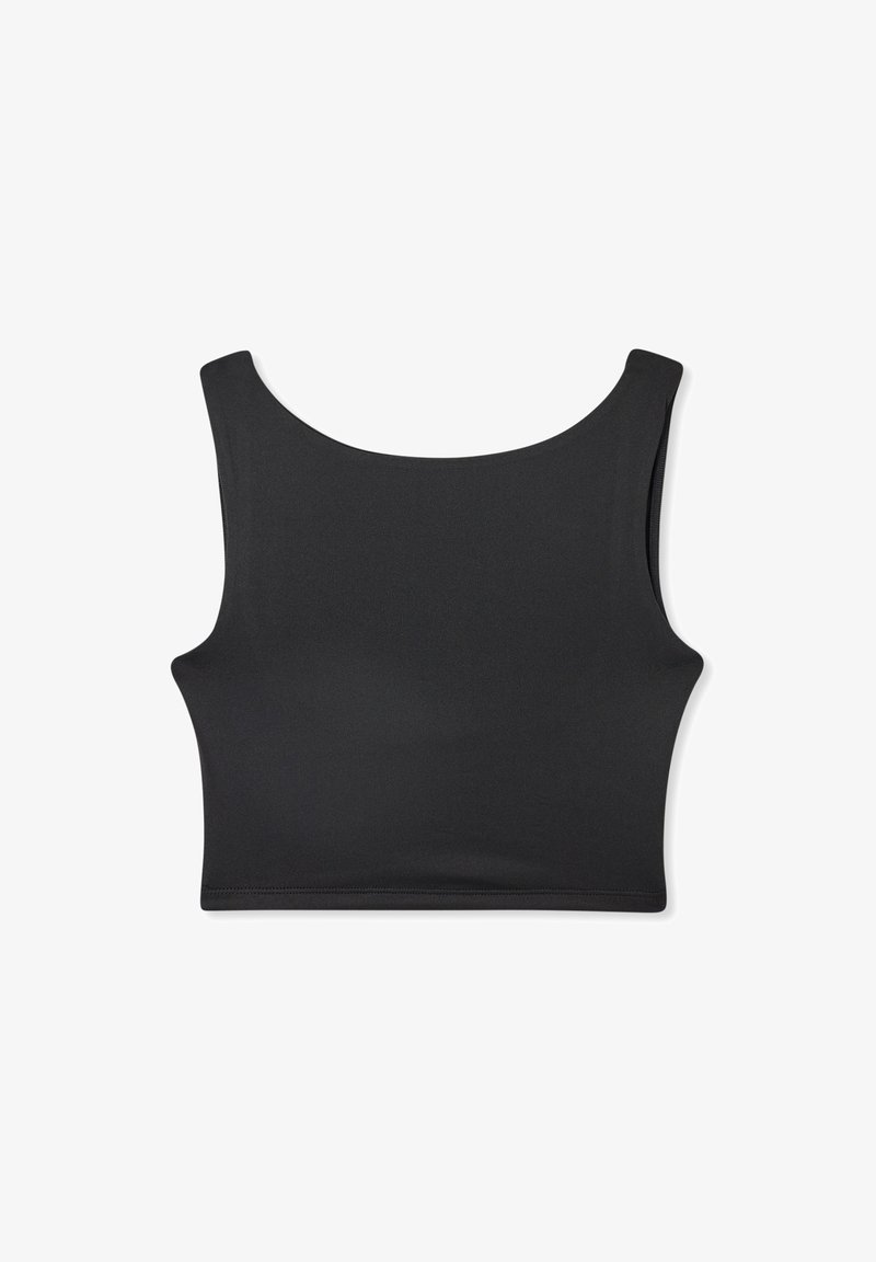 Top cropped nero con scollo rotondo, realizzato in un tessuto liscio e elasticizzato. Presenta spalline larghe e una forma aderente.