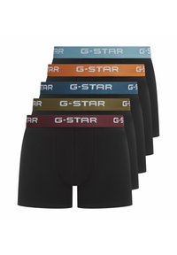 Pięć par czarnych bokserów z elastycznymi pasami. Pasy w kolorach niebieskim, pomarańczowym, zielonym, bordowym, każdy z napisem "G-STAR".