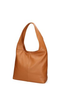 Bruine leren tote bag met een zachte, gestructureerde oppervlakte en een enkele, brede schouderriem. Heeft strakke lijnen en een ruime binnencompartiment.