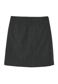 Schwarzer, gewebter Rock mit geradem Schnitt, der ein dezentes strukturiertes Muster und einen Bund aufweist. Keine sichtbaren Hardware-Elemente oder Akzente.