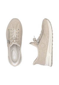 Beige sneakers with a textured suede finish, featuring a side zipper, round laces, and a lightweight white sole. Accented with subtle embossed details.