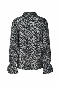 Bluse med leopardprint i grå og sort, med krave og voluminøse, samlede ærmer. Lavet af letvægtsstof.
