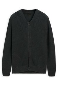 Ciemnoszary sweter z dzianiny z dekoltem w serek, długimi rękawami, sześcioma guzikami z przodu oraz dwiema bocznymi kieszeniami. Teksturowany materiał z prążkowanymi akcentami.