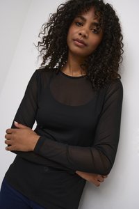 Haut à manches longues noir en tissu transparent, avec un col rond et une coupe ajustée, présentant des détails de couture visibles et une texture lisse.