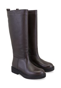 Braune Leder-Knöchelhohe Stiefel mit strukturiertem Finish, runder Spitze und flacher Gummisohle; verfügen über Zuglaschen an der Oberseite für ein einfaches Anziehen.