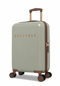 Hard-shell suitcase in soft green, with embossed "SUITSUIT" logo. Features a gold-tone handle, brown zipper, and four black wheels for mobility.