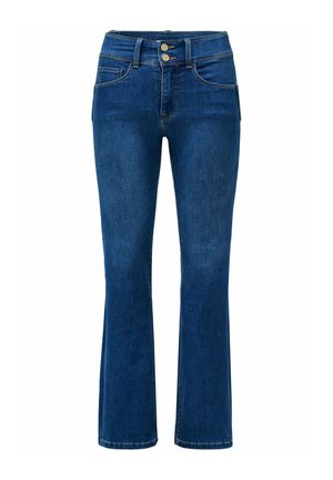 Vaqueros bootcut de mezclilla azul oscuro con cierre de doble botón y bolsillos delanteros, mostrados sobre un fondo blanco.