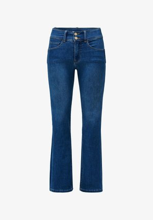 Vaqueros bootcut de mezclilla azul oscuro con cierre de doble botón y bolsillos delanteros, mostrados sobre un fondo blanco.