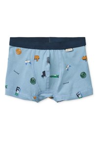 Μπλε βαμβακερά μπόξερ με μπλε σκουρόχρωμη ζώνη μέσης, διακοσμημένα με πολύχρωμα τυπωμένα σχέδια καλαθοσφαιρικών μπάλων, ζώων και οχημάτων σε όλη την επιφάνεια.