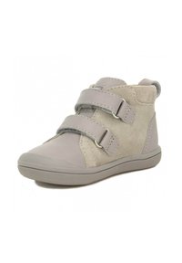 Stivaletti grigi realizzati in pelle e suede con due cinghie in Velcro, punta arrotondata e suola in gomma testurizzata. Caratterizzati da un morbido colletto in pelliccia sintetica.