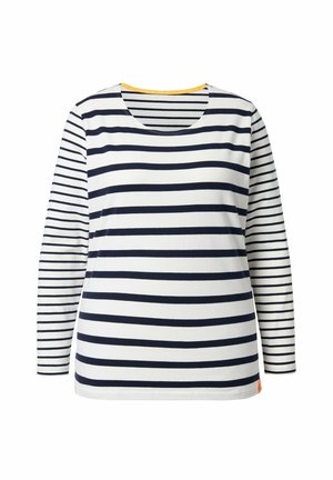 Bawełniana koszulka z długim rękawem w poziome granatowo-białe paski, z okrągłym dekoltem i małym pomarańczowym akcentem na dole.