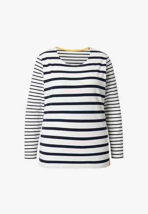 Baumwoll-Langarm-T-Shirt mit horizontalen navyblauen und weißen Streifen, rundem Ausschnitt und einem kleinen orangefarbenen Akzent am Saum.