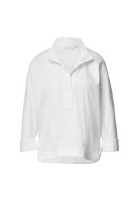 White, loose-fitting shirt with a collared neckline, long sleeves rolled at cuffs, and a buttoned half-placket, made of smooth fabric.