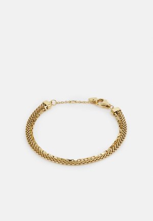 Arany színű fém karkötő, amely két összefonódott láncból áll, texturált mintázattal és homár csattal. Hosszú állítható lánc kiegészítéssel.