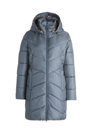 Padded coat v námorníckej modrej farbe so vzorom v tvare V, obsahujúci kapucňu, zipsové zapínanie a bočné vrecká. Hladká, lesklá textúra.
