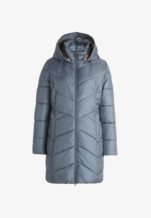 Padded coat v námorníckej modrej farbe so vzorom v tvare V, obsahujúci kapucňu, zipsové zapínanie a bočné vrecká. Hladká, lesklá textúra.