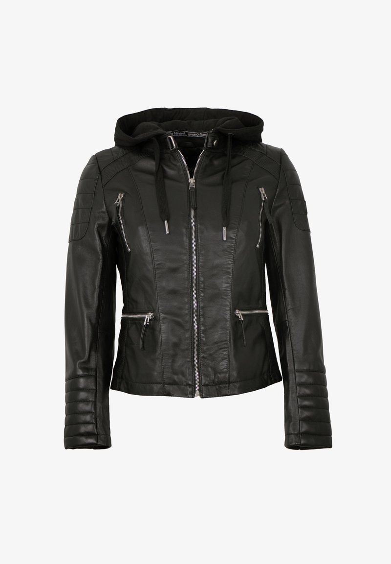 Schwarze Lederjacke mit Kapuze, Reißverschluss vorne und zwei Reißverschlusstaschen. Mit gesteppten Akzenten an den Ärmeln und Schulterbereichen.