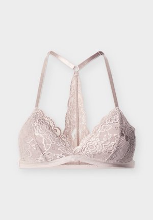 Bralette in pizzo rosa chiaro con bordi smerlati, coppe a triangolo e spalline sottili regolabili che formano una Y sul retro.