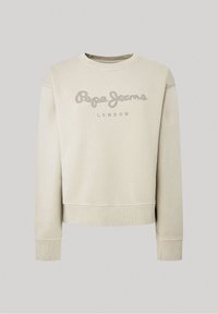 Beige sweatshirt med rund halsringning, med "Pepe Jeans LONDON" i glänsande silvertext över framsidan samt ribbade mudd och nederkant.