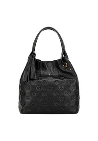 Sac à main en cuir noir avec motifs embossés, haut resserré et une seule anse. Présente un gland décoratif et des accents en métal doré.