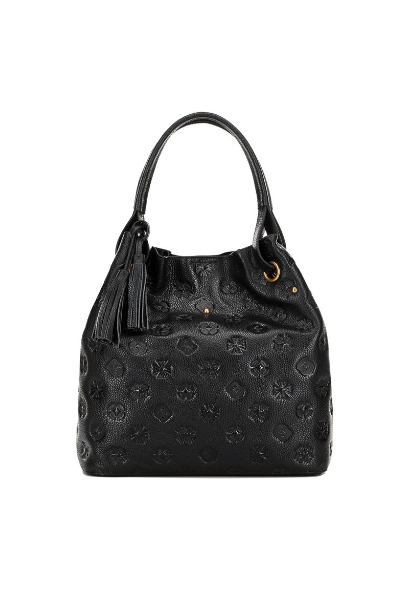 Sac à main en cuir noir avec motifs embossés, haut resserré et une seule anse. Présente un gland décoratif et des accents en métal doré.