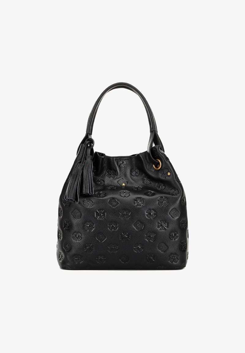 Sac à main en cuir noir avec motifs embossés, haut resserré et une seule anse. Présente un gland décoratif et des accents en métal doré.
