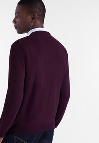 Maglione in maglia bordeaux con collo rotondo, polsini e bordo a costine, indossato con una camicia bianca con colletto sotto. Texture liscia, design aderente.