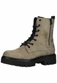 Beige ruskindsankelstøvler med sorte snørebånd, lynlås lukning og chunky gummisål med riflet tekstur. Branding på ydersiden.