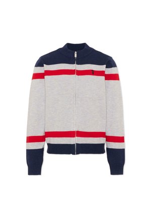 Jersey de punto con cremallera con rayas horizontales en azul marino, gris y rojo, puños y cuello de canalé, con un pequeño logo bordado en el pecho.