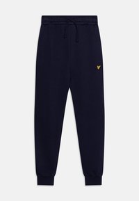 Navyblauwe joggingbroek met een taillekoord, ribbelboorden bij de enkels en een klein geel arendlogo op de linker bovenbeen. Gemaakt van zachte stof.