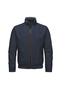 Marineblaue Bomberjacke mit hohem Kragen, Reißverschluss vorne und zwei seitlichen Taschen mit goldenen Akzenten. Hergestellt aus glattem, leichtem Stoff.