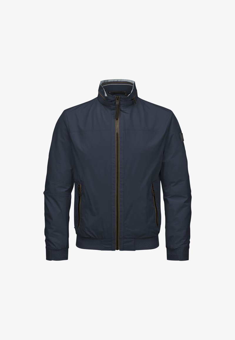 Marineblaue Bomberjacke mit hohem Kragen, Reißverschluss vorne und zwei seitlichen Taschen mit goldenen Akzenten. Hergestellt aus glattem, leichtem Stoff.