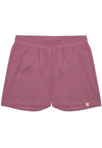 Paarse geribde shorts met een elastische tailleband en subtiele stiksels aan de zijkant. Een klein logotag is zichtbaar aan de onderzijde.