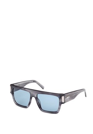Gray translucent plastic sunglasses with blue lenses. Square shape and thick frames. Features silver hardware with "MCM" branding on the temples.