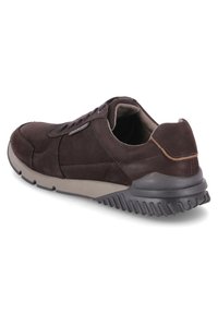 Brown suede sneaker with a padded collar, grey rubber sole, and a textured heel. Features lace-up design and subtle stitching details.