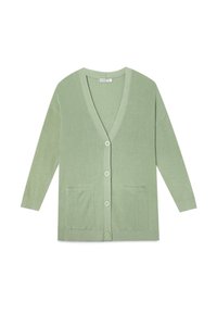 Cardigan lavorato a maglia verde chiaro con scollo a V, chiusura con bottoni e due tasche frontali. Presenta maniche lunghe e una texture a coste.