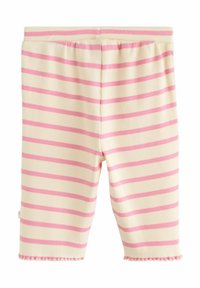 Leggings a righe in crema e rosa chiaro, texture a coste, di lunghezza media, con orlo arricciato e vita elastica per il comfort.
