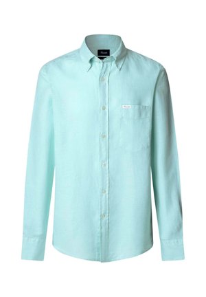 Chemise à boutons bleu clair à manches longues avec col, poche poitrine unique et un tissu légèrement texturé. Présente des fermetures à boutons blancs.